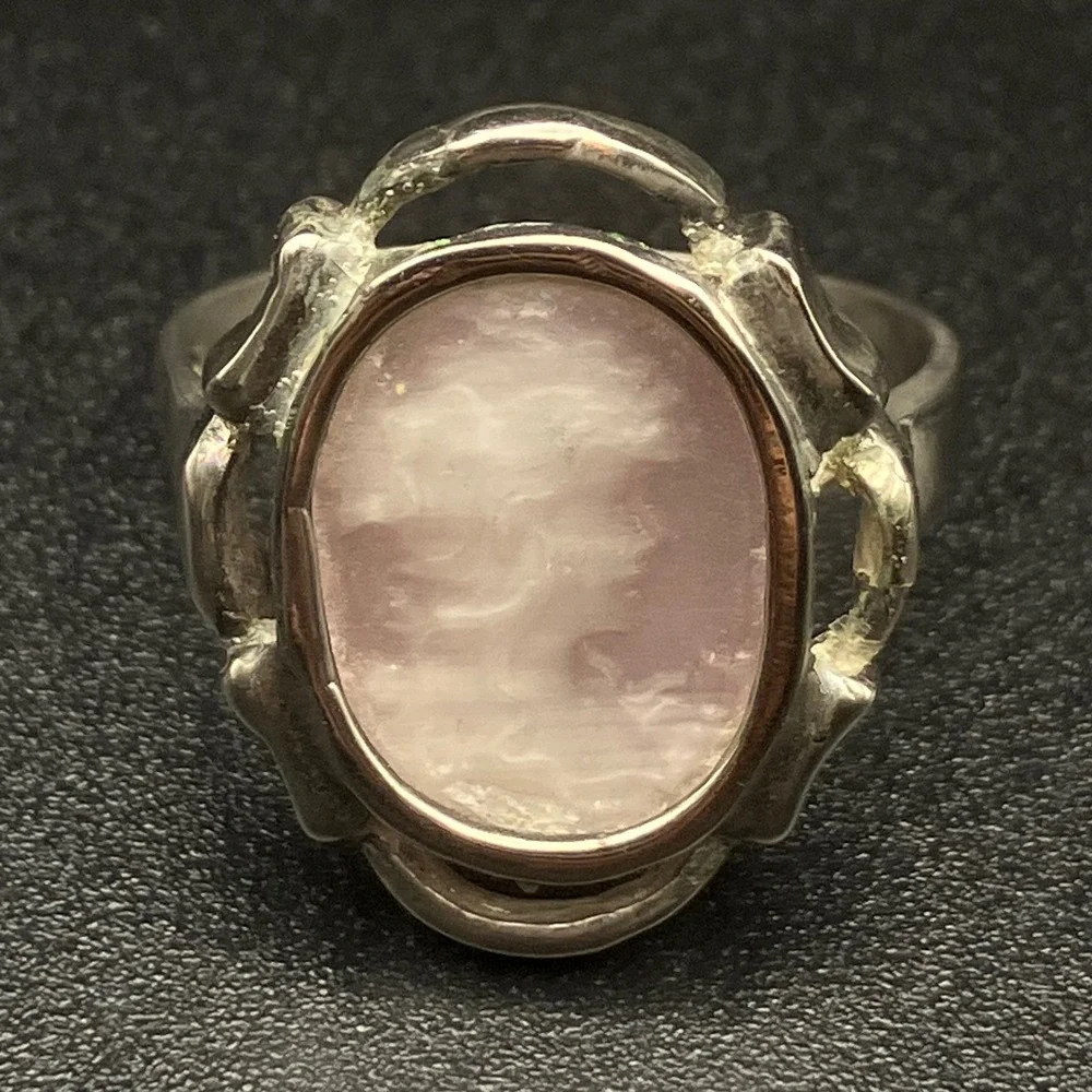 Vintage Sterling Silver Cameo Ring Pink Mother of Pearl Shell Carved Size 9